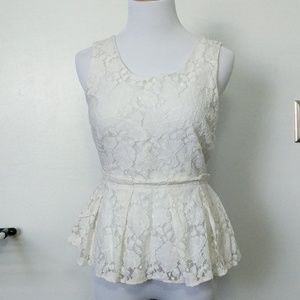 White cotton blend floral lace peplum top